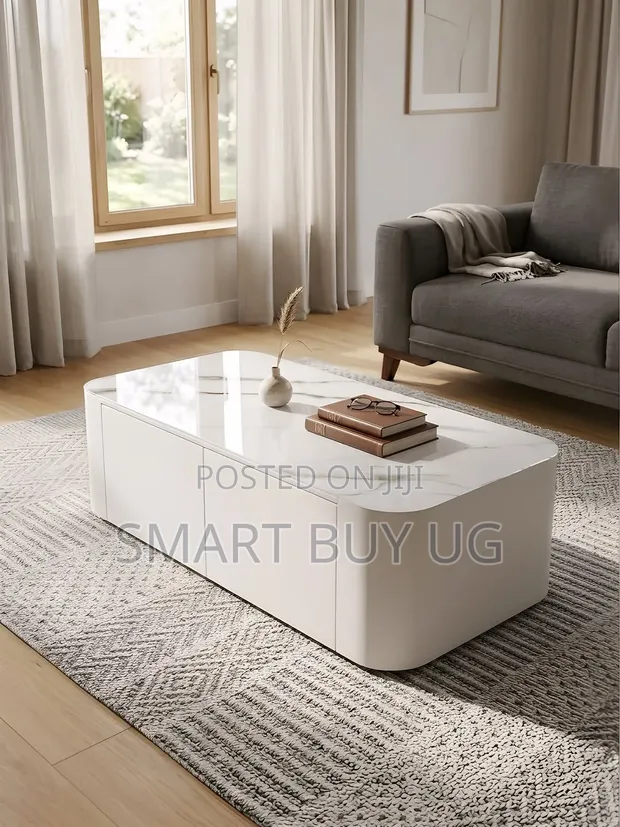 Classic Wooden Center Table with Glossy White Marble Top - 1