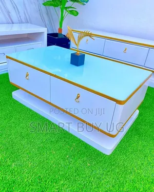 Contemporary White Glossy Rectangular Center Table with Glass Top