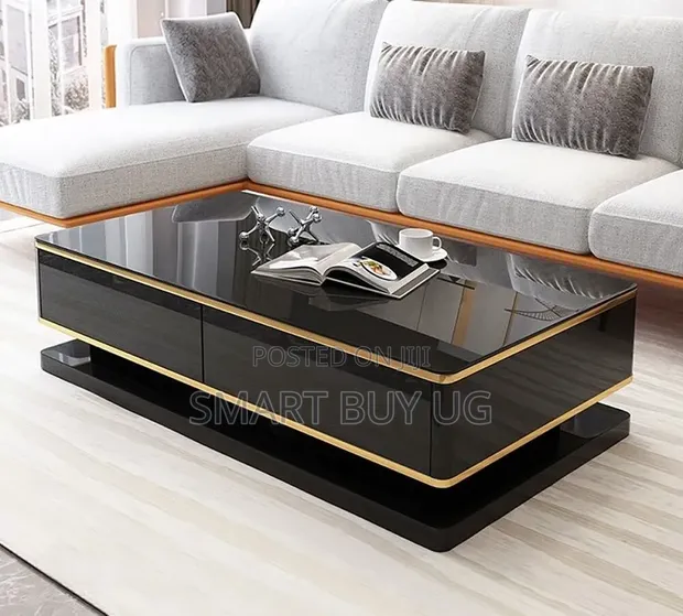 Black Glossy Finish Center Table with Glass Top - 1
