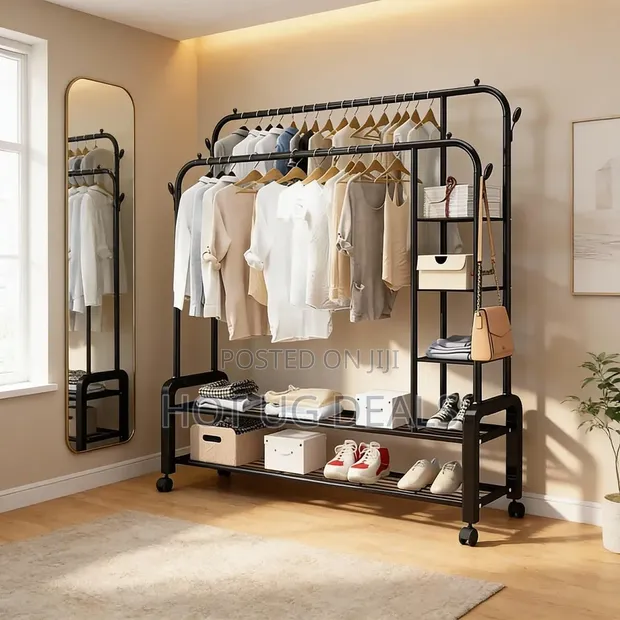 Garment Rack with 2 Hanging Rails, 4 Hooks & Shelves - 1