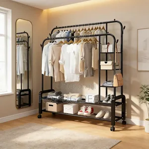 Garment Rack with 2 Hanging Rails, 4 Hooks & Shelves