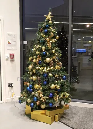2.4m Christmas Light Tree Decoration with Blue and Gold Ornaments