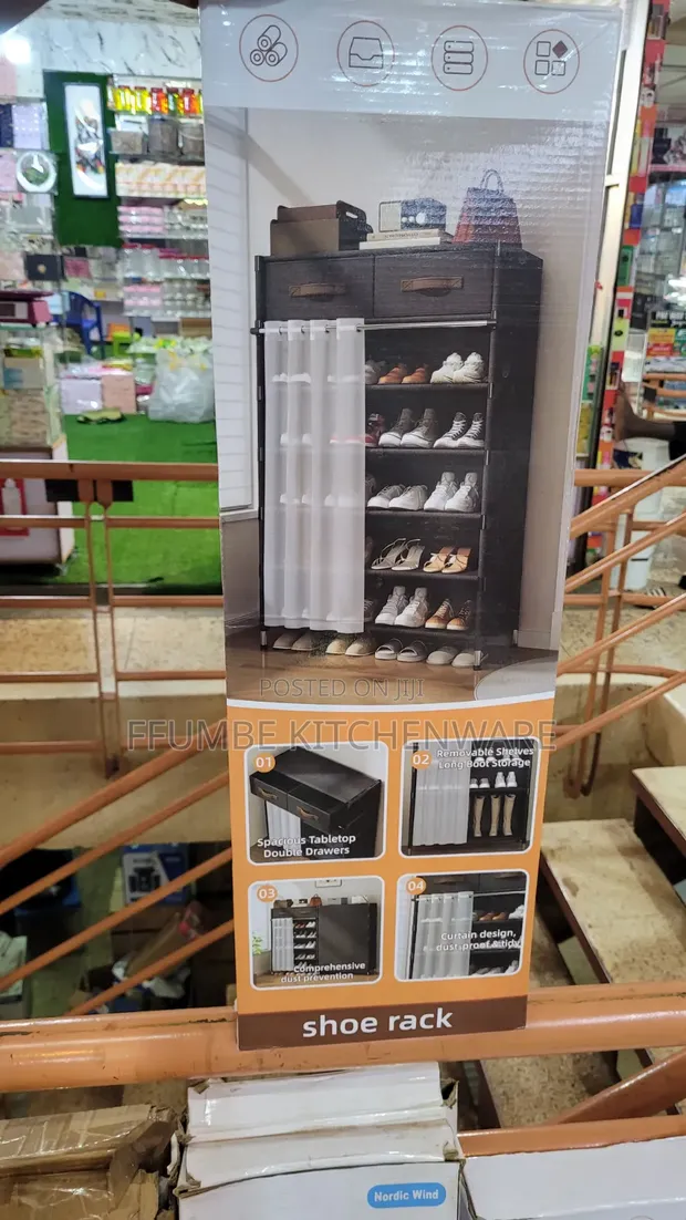 6-Tier Dustproof Shoe Rack with Drawers & Curtain - 1
