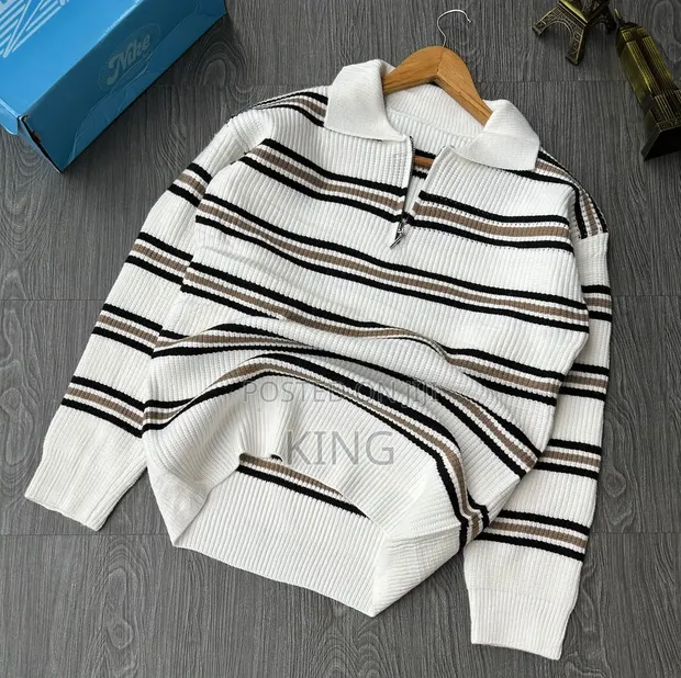 Black-and-White Striped Knitted Half-Zip Pullover Sweater - 1