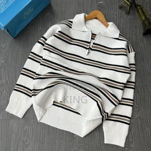 Black-and-White Striped Knitted Half-Zip Pullover Sweater