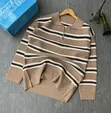 Black-and-White Striped Knitted Half-Zip Pullover Sweater - 2