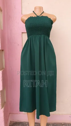 Beautiful Dark Green Smocked Midi Dress