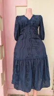 Elegant Navy Blue Floral Embroidered Midi Dress - 1