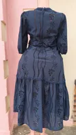 Elegant Navy Blue Floral Embroidered Midi Dress - 2
