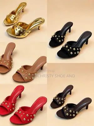 Classy Studded Gold Open Toe Heels & Pearl Bow Knot Mules