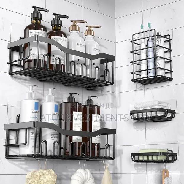 5-Piece Black Metal Corner Shower Caddy Set - 1
