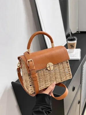 Top-Handle Handbag with Woven Straw Base