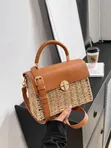 Top-Handle Handbag with Woven Straw Base - 1