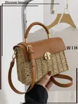 Top-Handle Handbag with Woven Straw Base - 2