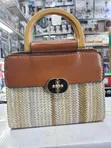 Top-Handle Handbag with Woven Straw Base - 3