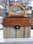 Top-Handle Handbag with Woven Straw Base - 4