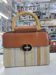 Top-Handle Handbag with Woven Straw Base - 5