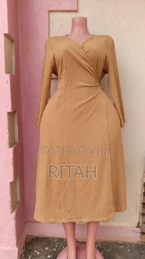 Elegant Tan Wrap Midi Dress - 1