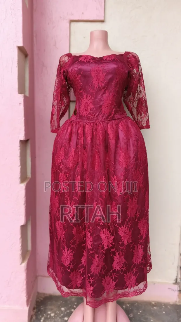 Beautiful Burgundy Floral Lace Midi Dress - 1