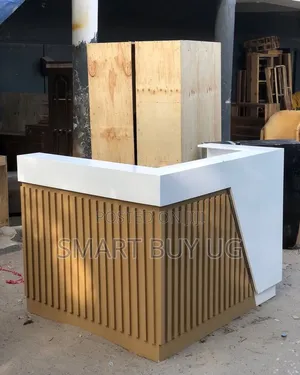 White L-Shape Reception Desk 1.2m with Brown Storage