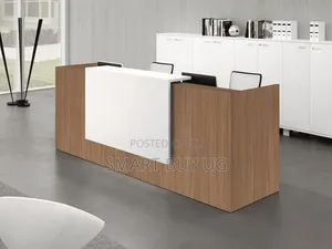 White Reception Desk 1.6m with Drawers - Brown Accents