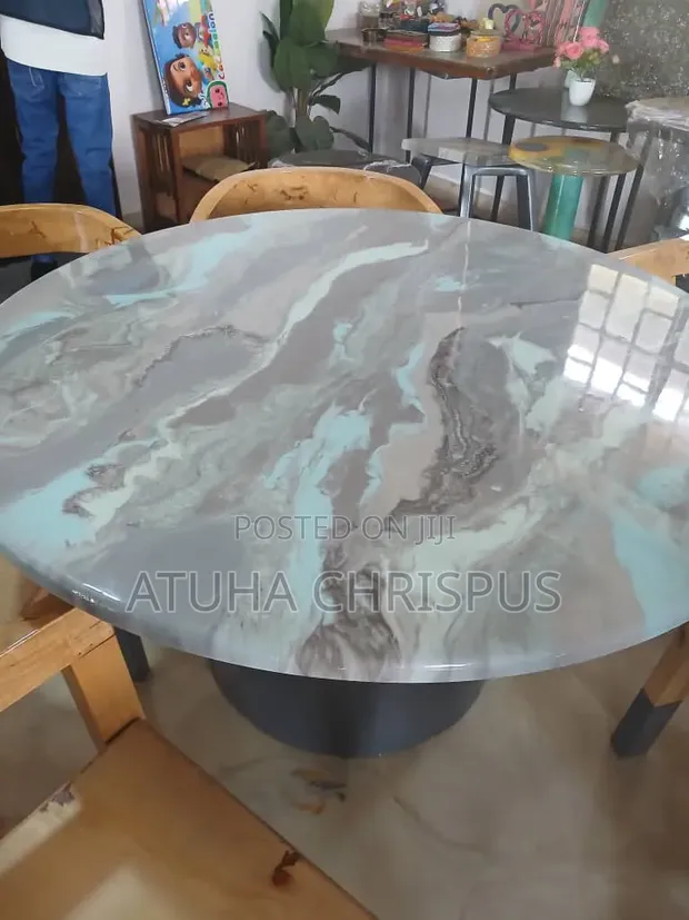 Epoxy Grey and Sky Blue Marble Six Seater Dining Table - 1