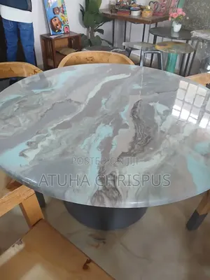 Epoxy Grey and Sky Blue Marble Six Seater Dining Table