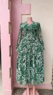 Green & White Floral Long Sleeve Maxi Dress - 1