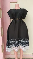 Elegant Black Women's Midi Dress with Floral Lace Hem - 1