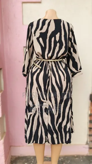 Stylish Black and Beige Animal-Print Midi Dress