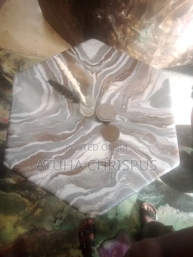 Hexagonal Marble Table with Copper & Grey Epoxy - 1