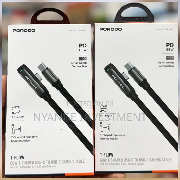 Porodo T-Flow 60W T-Shaped USB-C to USB-C Gaming Cable - 1