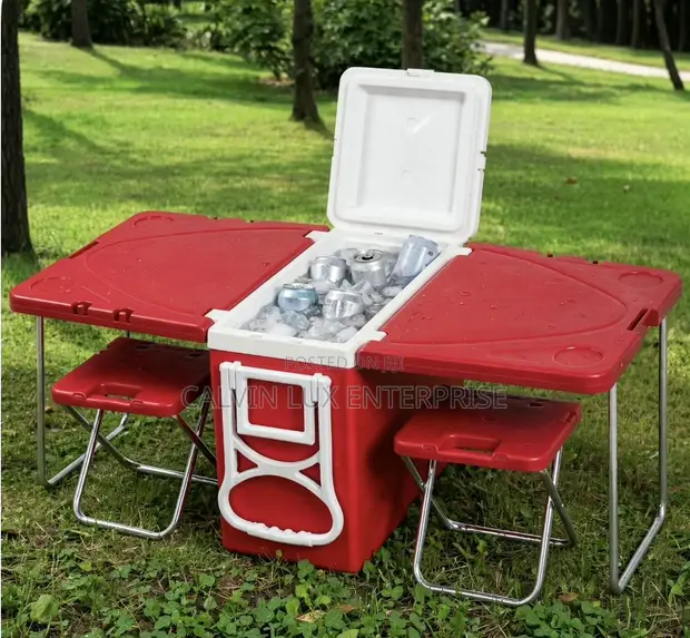 3-in-1 Cooler Box with Table & 2 Stools - Red - 1