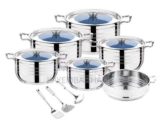 14-Piece Stainless Steel Cookware Set with Blue Glass Lids - 1