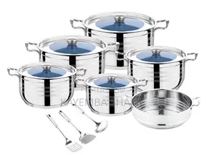 14-Piece Stainless Steel Cookware Set with Blue Glass Lids