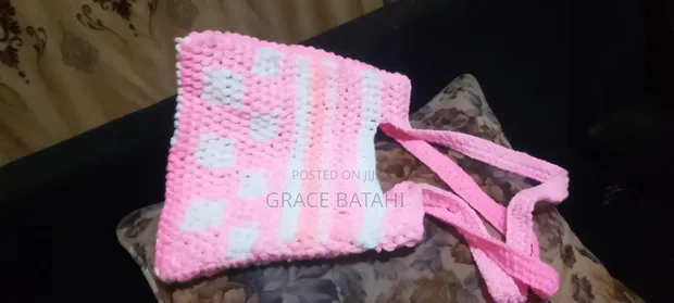 Crochet Hand Bag - Pink and White Checkered - 1
