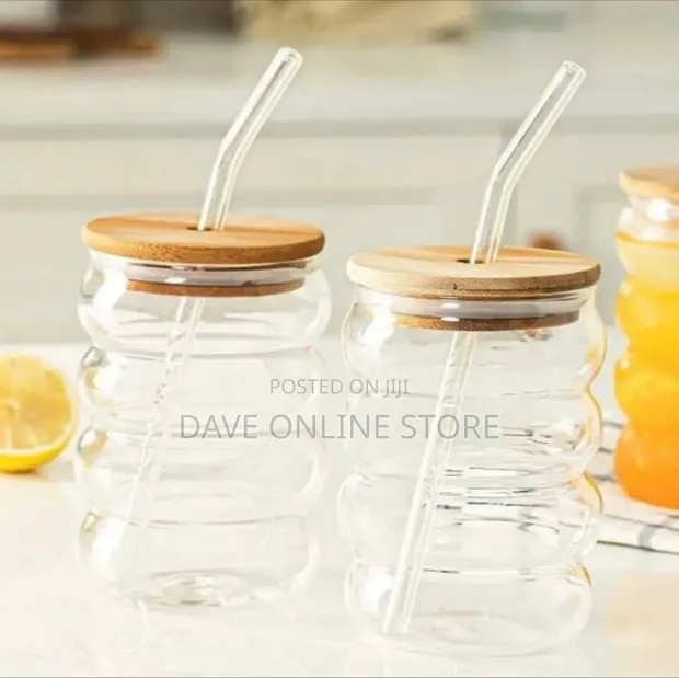 Ribbed Glass Tumbler with Bamboo Lid & Straw - 1