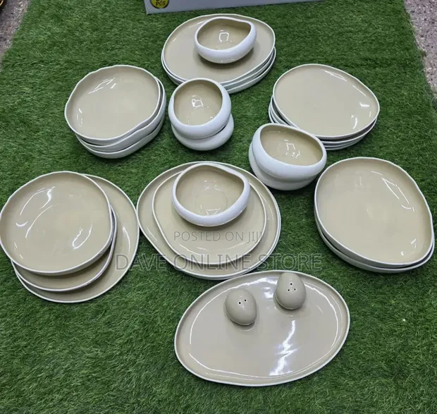 27pc Irregular Beige on White Dinner Set - 1