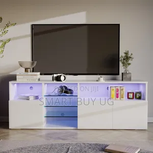 White TV Stand with Drawers and LED Lights