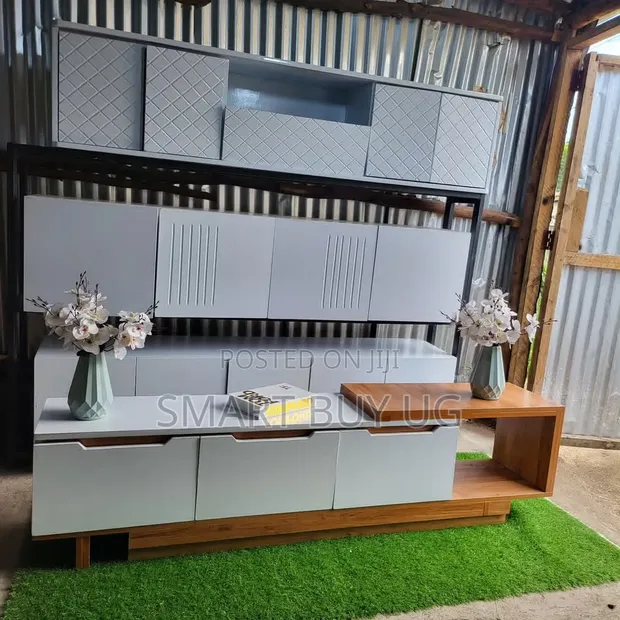 White Wooden TV Stand Unit with Storage & LED Lights - 1