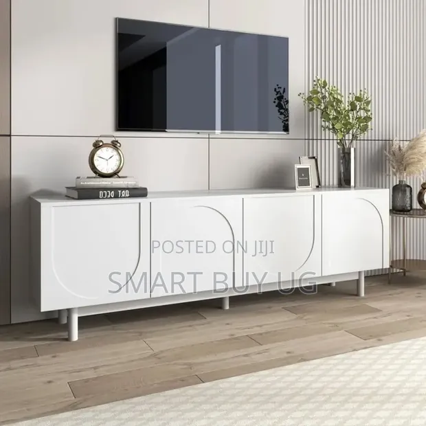 White Wooden TV Stand with Drawers and LED Lights - 1