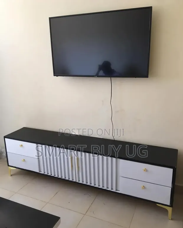 1.8m Black TV Stand with White Wall Unit & Drawers - 1