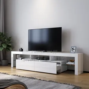 White TV Stand Unit with Storage and LED Lights - 6ft