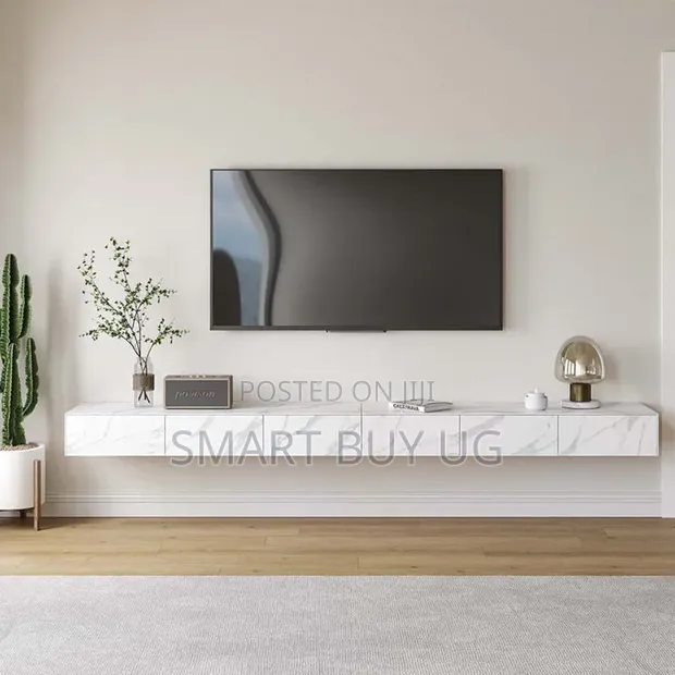 Modern Floating TV Stand with Drawers & LED Lights - White - 1