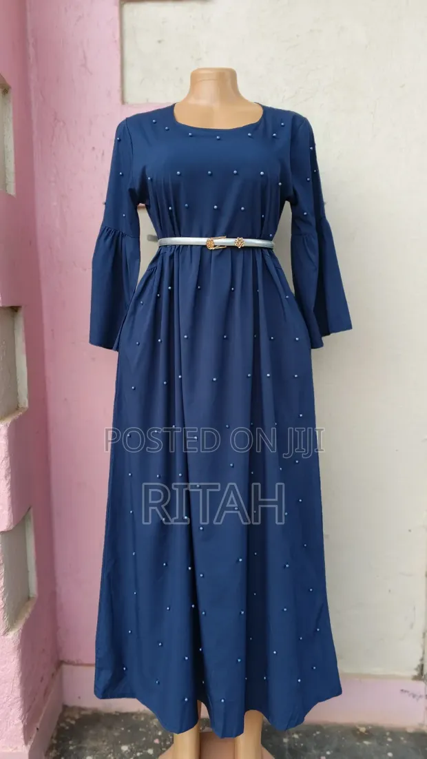 Navy Blue Pearl-Embellished Long Dress - 1