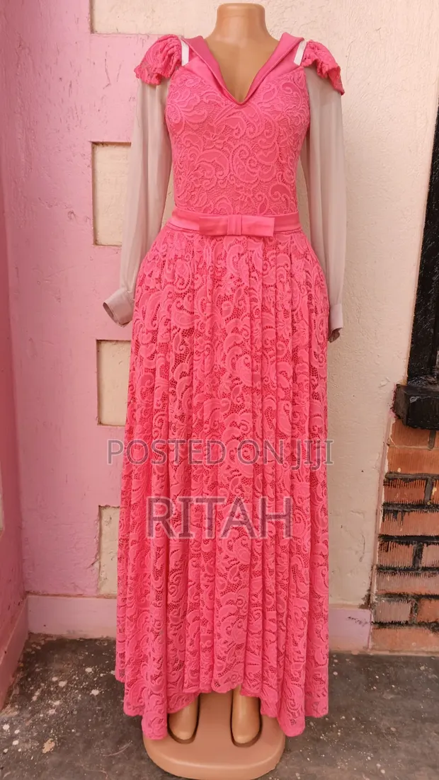 Elegant Hot Pink Lace Maxi Dress with Sheer Sleeves - 1