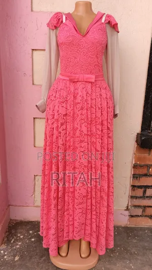 Elegant Hot Pink Lace Maxi Dress with Sheer Sleeves