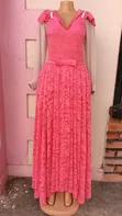 Elegant Hot Pink Lace Maxi Dress with Sheer Sleeves - 1
