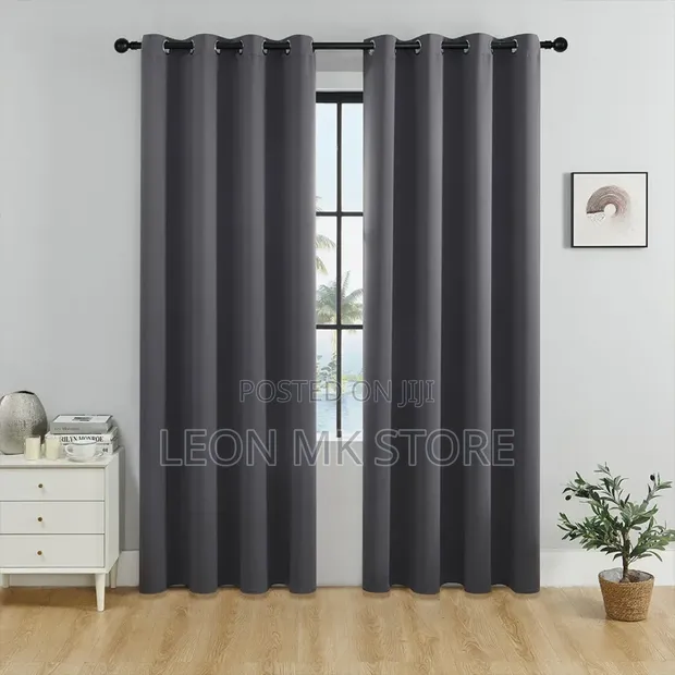 Modern Plain Dark Grey Eyelet Curtains - 1