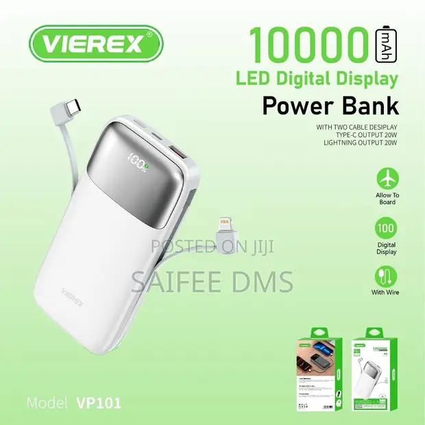 VIEREX 10000mAh 20W Fast Charging Power Bank with Built-in Cable - 1
